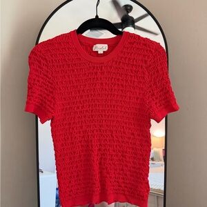 Marled Red Short-Sleeve Textured Knit Top
